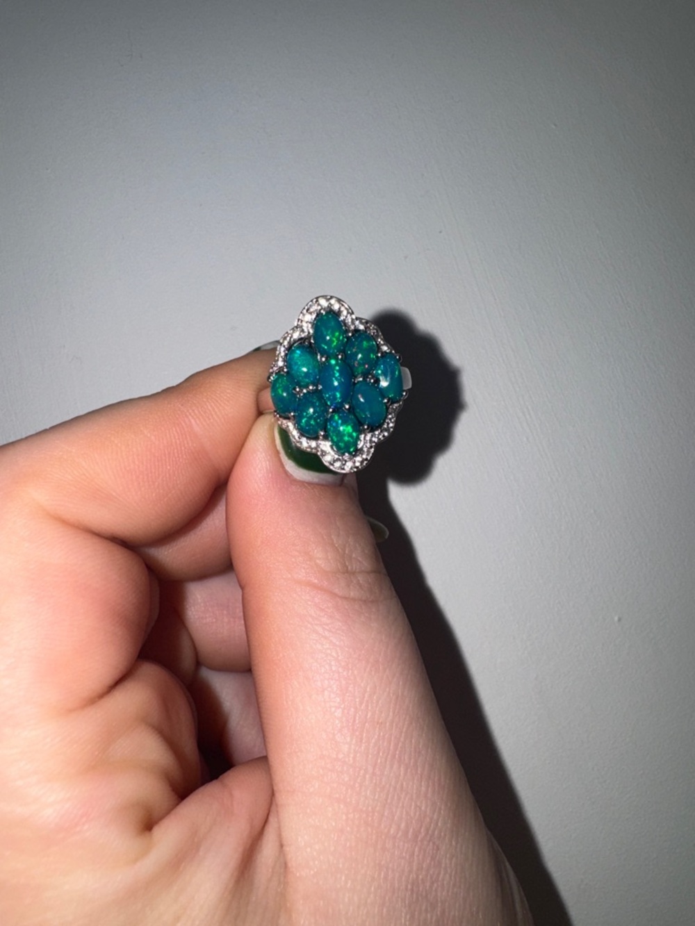 KJC 925 Sterling Silver Blue Opal Cluster Ring Size 8